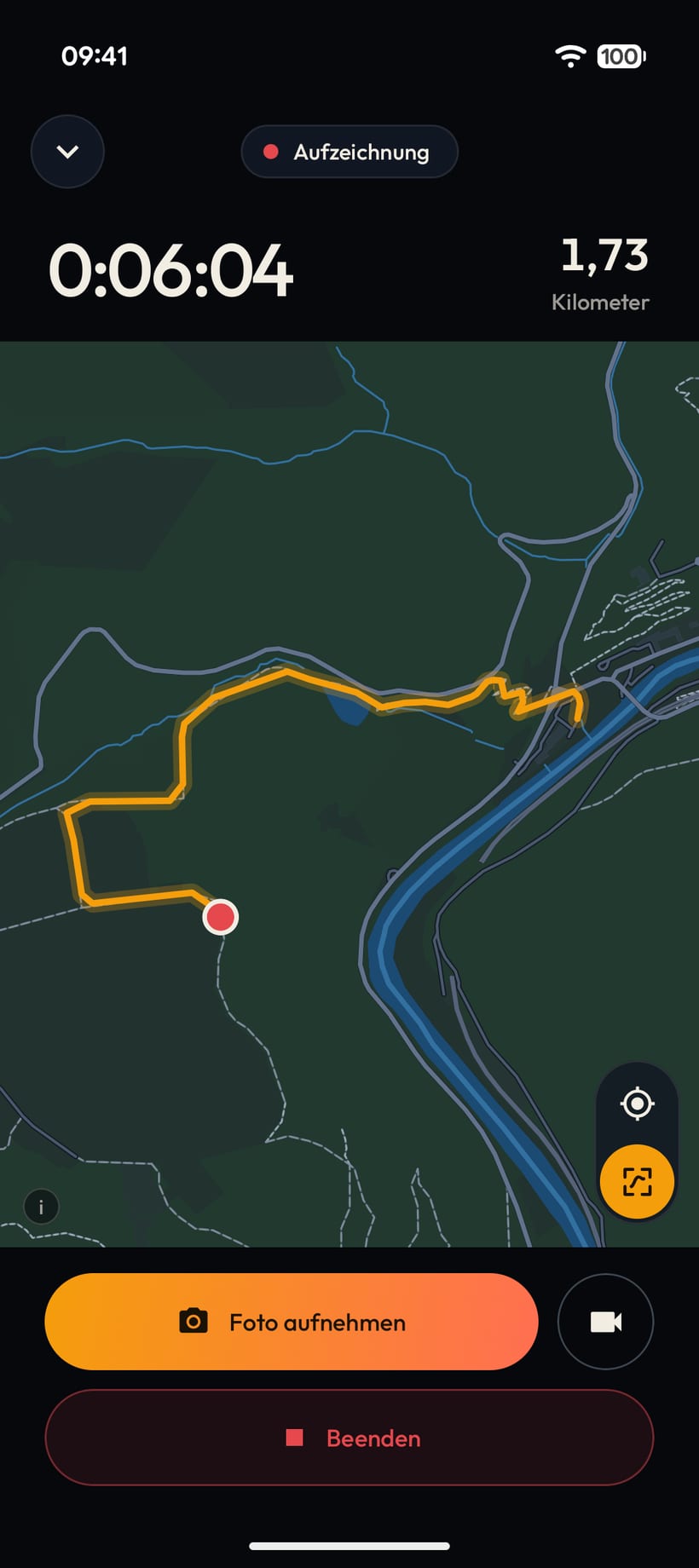 Recording in progress: the map shows the route so far along the Lahn