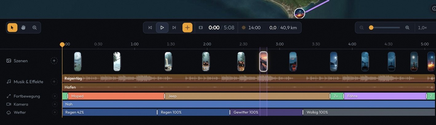 The Studio timeline of a tour: scenes as a strip of photos, below them music, travel mode, camera and weather